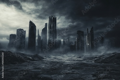 A desolate cityscape under dark clouds showcases the aftermath of a catastrophic event at twilight