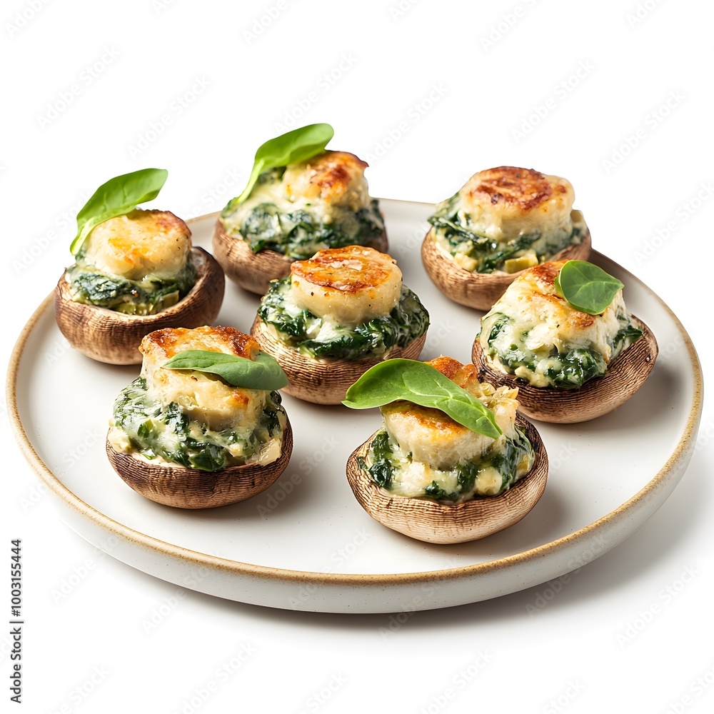 Delicious stuffed mushrooms with creamy spinach and cheese topping on plate Delicious stuffed mushrooms with creamy spinach and cheese topping on plate