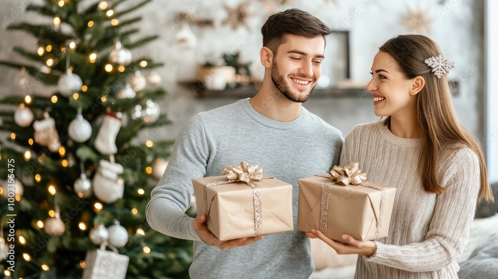 A young man surprises his girlfriend with a wrapped gift as they share a joyful moment near a decorated Christmas tree, both smiling warmly at each other A young man surprises his girlfriend with a wrapped gift as they share a joyful moment near a decorated Christmas tree, both smiling warmly at each other