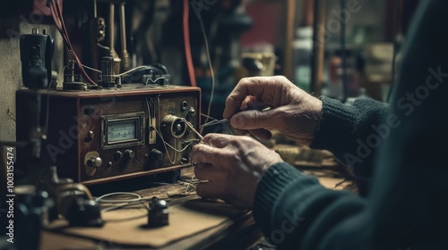 Focused hands work diligently to repair a vintage radio, surrounded by tools and components in a cozy workshop, reflecting a love for restoring classic technology