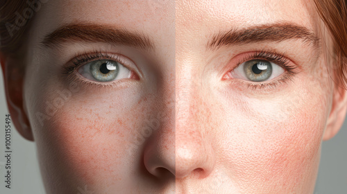 A close-up of a young face with symmetrical features compared to an older face with deep wrinkles and subtle asymmetry, especially around the mouth and nose.