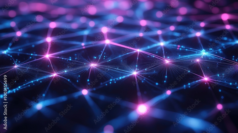 Abstract Futuristic Neon Network with Glowing Nodes and Interconnected Lines
