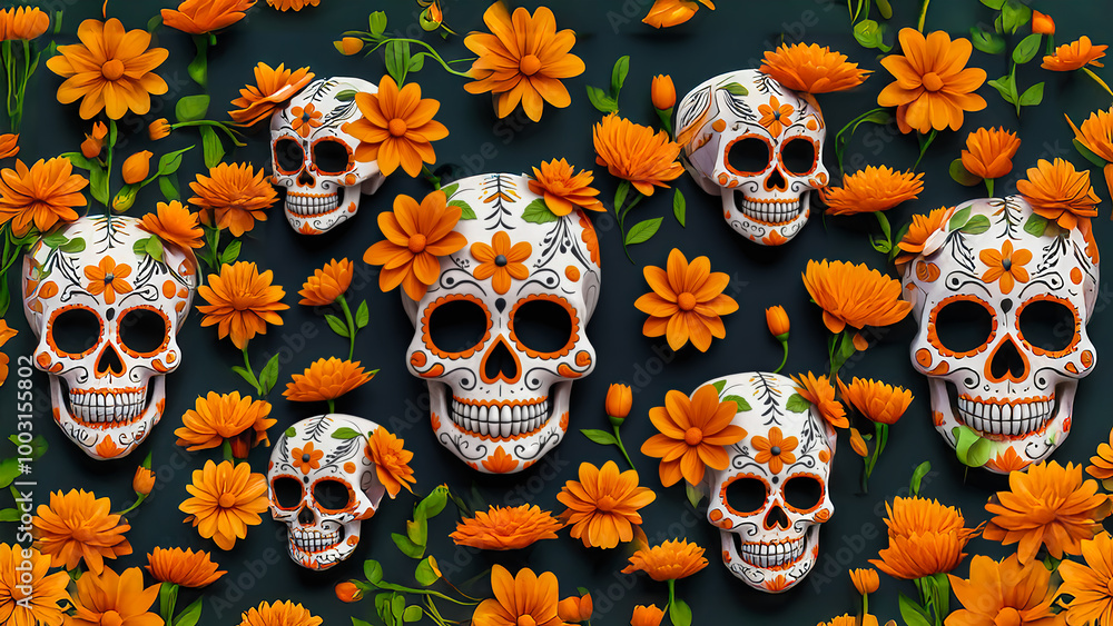 Day of the Dead Makeup with Flowers and Sugar Skull Dia de los muertos, Mexican holiday of the dead and halloween. Day of the Dead Makeup with Flowers and Sugar Skull Dia de los muertos, Mexican holiday of the dead and halloween.