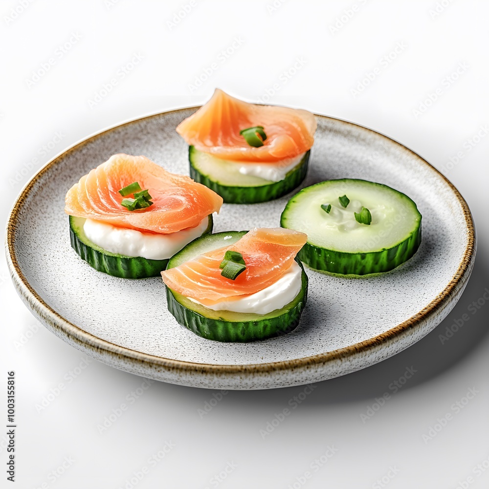 Gourmet appetizers: smoked salmon and cream cheese on cucumber slices Gourmet appetizers: smoked salmon and cream cheese on cucumber slices