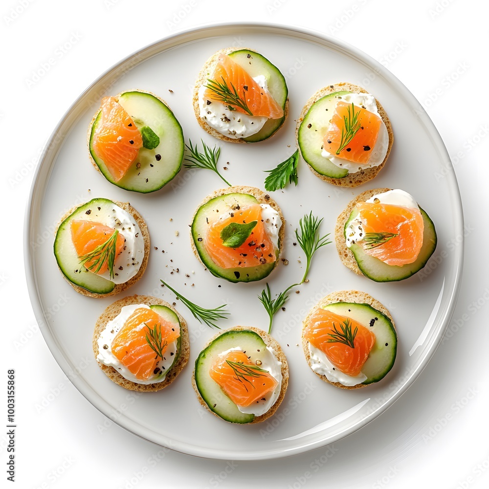 Elegant salmon and cucumber hors d'oeuvres on white plate with fresh dill garnish Elegant salmon and cucumber hors d'oeuvres on white plate with fresh dill garnish