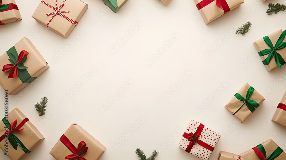 Christmas gifts wrapped in brown paper with vibrant ribbons fill the space, showcasing various patterns and providing a festive atmosphere for the holiday season Christmas gifts wrapped in brown paper with vibrant ribbons fill the space, showcasing various patterns and providing a festive atmosphere for the holiday season