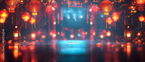 Wallpaper Mural A vibrant and enchanting scene featuring futuristic hologram interface adorned with traditional Chinese lanterns, creating magical atmosphere filled with glowing lights and reflections Torontodigital.ca