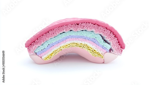 A cross-sectional 3D stomach model showing the layers of the stomach wall and the rugae inside, against a white background. photo