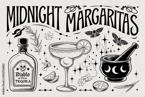 Midnight, margaritas, cocktail, tequila, alcohol, drink, occult, mystical, magical, witchcraft, potion, botanical, herbs, flowers, stars, moon, night, butterfly, moth, skull, bottle, glass, lime, citr photo