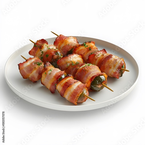 Bacon-wrapped jalapeño poppers on skewers with herb garnish on white plate photo