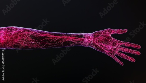 A detailed arteriogram of the brain, showing the major arteries and their branches with contrast dye flowing through, highlighting possible aneurysms. photo