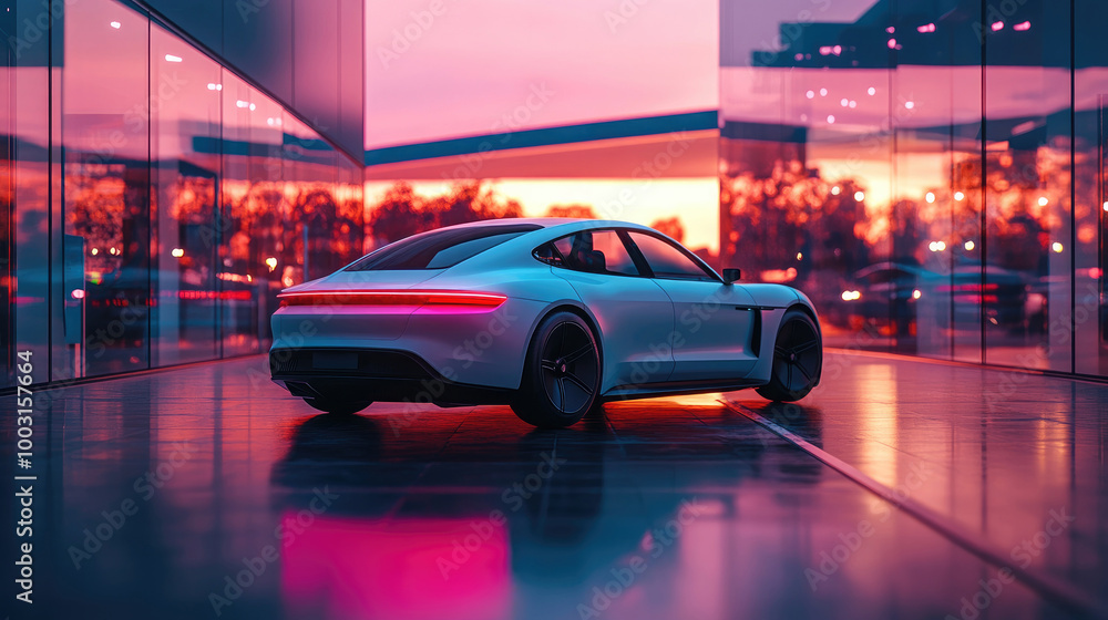 Fototapeta premium Modern Electric Car at Sunset in Futuristic Glass Building with Vibrant Sky Background