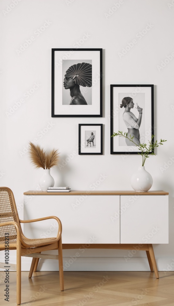 White modern interior featuring rattan furniture and pampas represented through a 3D render White modern interior featuring rattan furniture and pampas represented through a 3D render