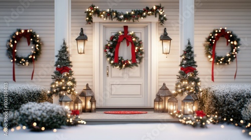 A pristine white front door decorated with festive red ornaments and a wreath invites warmth during winter, flanked by lanterns and a snowy pathway
