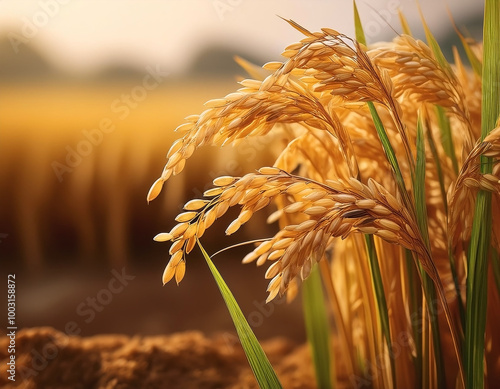 Rice in the field on an earthy brown background, emphasizing the natural and organic elements photo