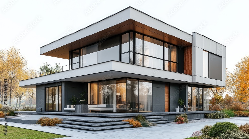 Modern Minimalist Two-Story House with Large Windows in a Serene Autumn Landscape Modern Minimalist Two-Story House with Large Windows in a Serene Autumn Landscape