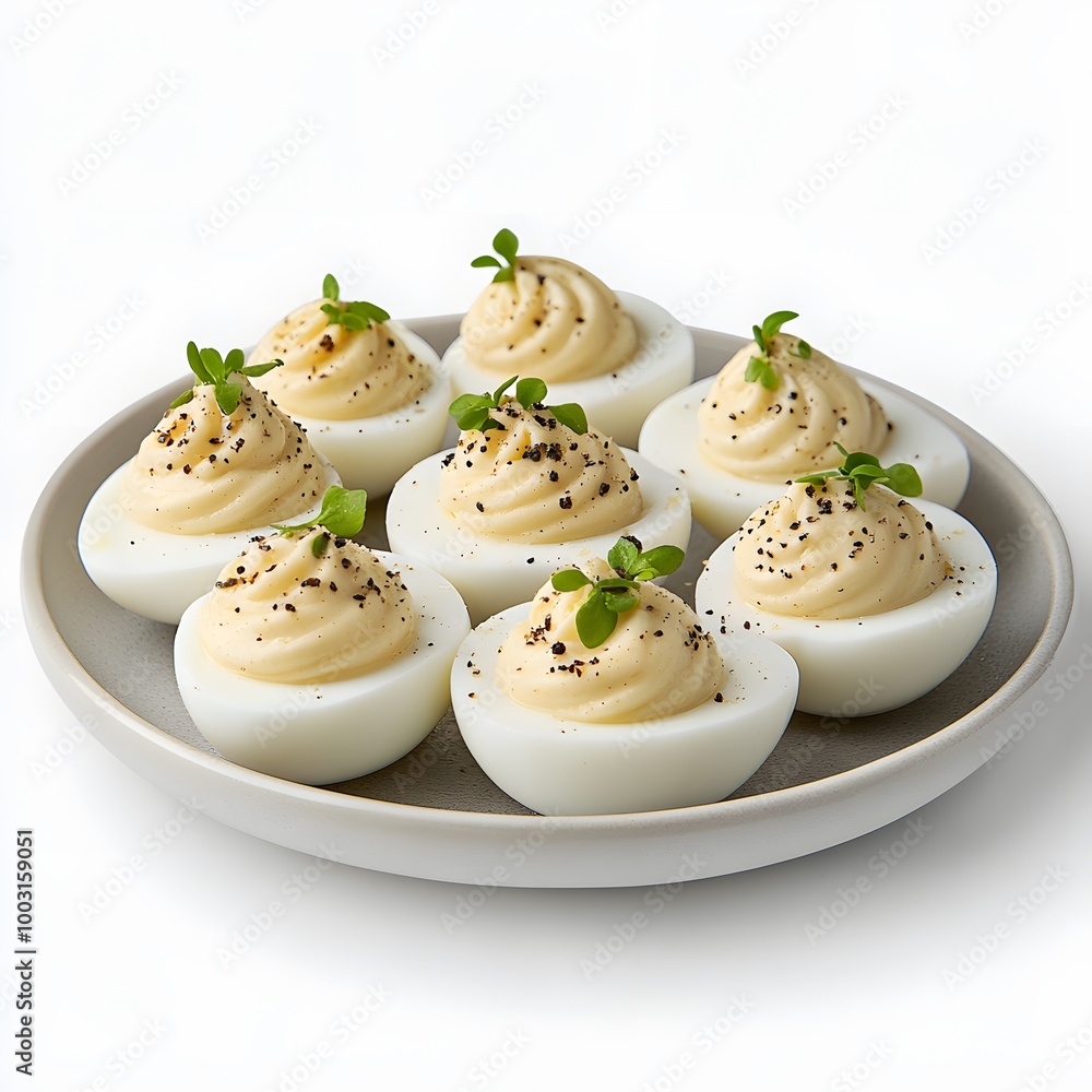 Delicious deviled eggs with herbs and pepper garnish on a white plate Delicious deviled eggs with herbs and pepper garnish on a white plate