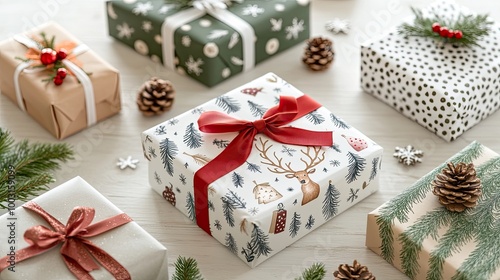 A close-up view of beautifully wrapped gifts features Christmas-themed paper with deer and pine motifs, adorned with red ribbon and set against a bright table background