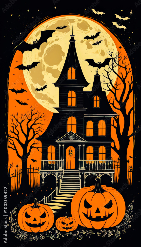 Fototapeta premium Happy Halloween, Haunted house with a white cats and jack-o'-lantern pumpkins with bats. Orange and black Design for greeting card, poster, invitation