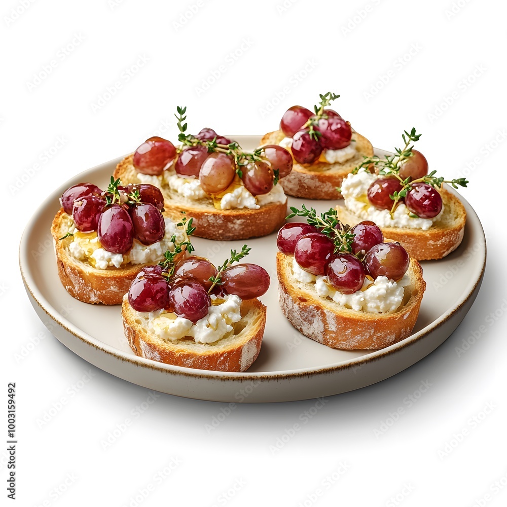 Delicious grape crostini with ricotta and thyme garnish on a plate Delicious grape crostini with ricotta and thyme garnish on a plate