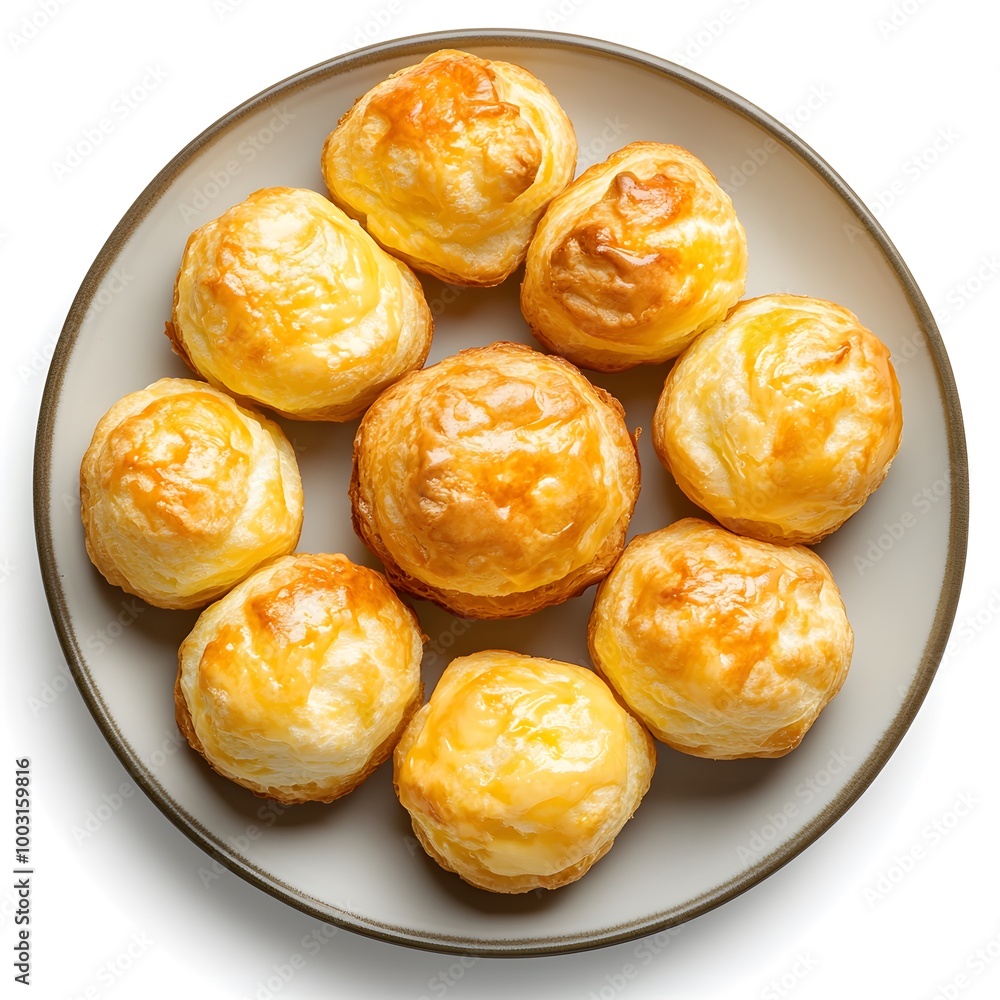 Golden cheese puffs on plate: baked snack perfection Golden cheese puffs on plate: baked snack perfection