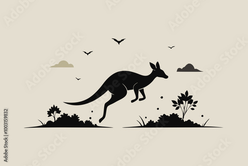 Minimalist black silhouette of a kangaroo mid-leap, set against a light background. The kangaroo is depicted with sleek lines and graceful movement, Kangaroo vector art and illustration