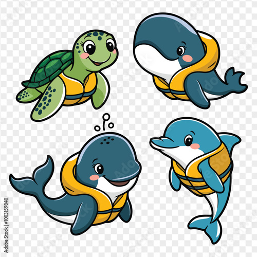 a set of cartoon characters poster of a shark, characters, dolphin, penguin and a crab with a life jacket on sea turtle