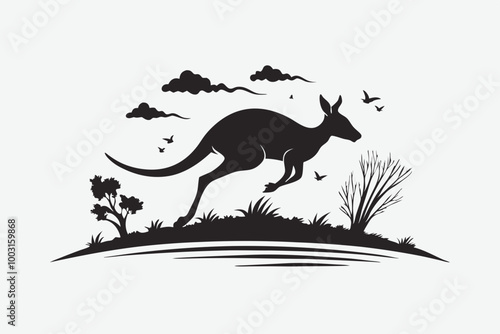 Minimalist black silhouette of a kangaroo mid-leap, set against a light background. The kangaroo is depicted with sleek lines and graceful movement, Kangaroo vector art and illustration photo