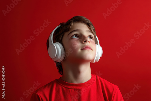 A curious boy enjoys music while wearing headphones against a vibrant red background photo