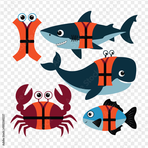 a set of cartoon characters poster of a shark, characters, dolphin, penguin and a crab with a life jacket on sea turtle photo