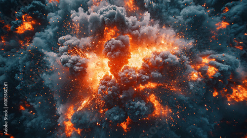 dynamic photo of explosion with fire and smoke, showcasing vibrant orange flames and dark clouds. intense energy and chaos evoke powerful emotional response