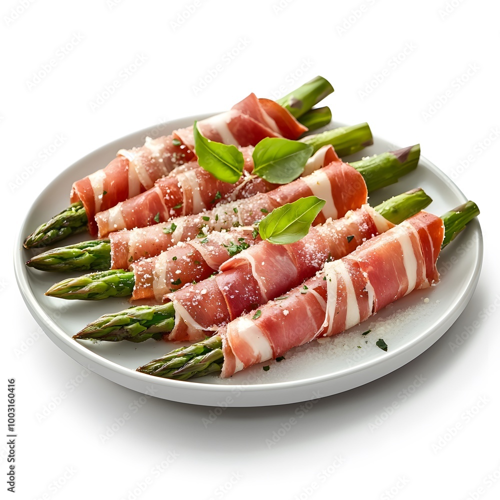 Delicious prosciutto wrapped asparagus with parmesan and fresh basil on white plate Delicious prosciutto wrapped asparagus with parmesan and fresh basil on white plate