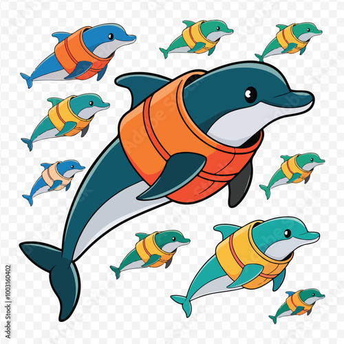 a set of cartoon characters poster of a shark, characters, dolphin, penguin and a crab with a life jacket on sea turtle photo