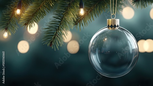 A close-up of a clear glass Christmas ornament suspended from a tree branch, reflecting warm soft light in a minimalist holiday atmosphere at home
