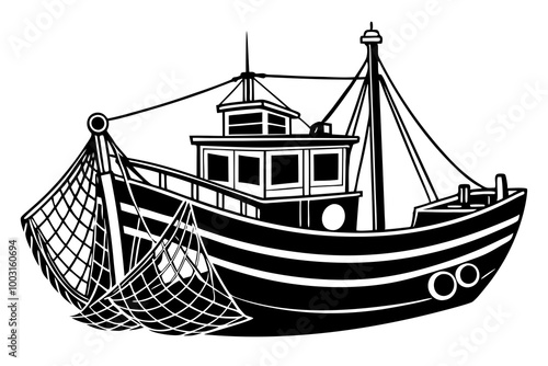 Boat with fishing nets. Fisherman boat marine ship sea ocean fisheries for fish production vector art illustration