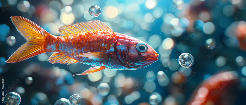 Fototapeta premium A vibrant fish swimming gracefully through bubbles in colorful underwater scene