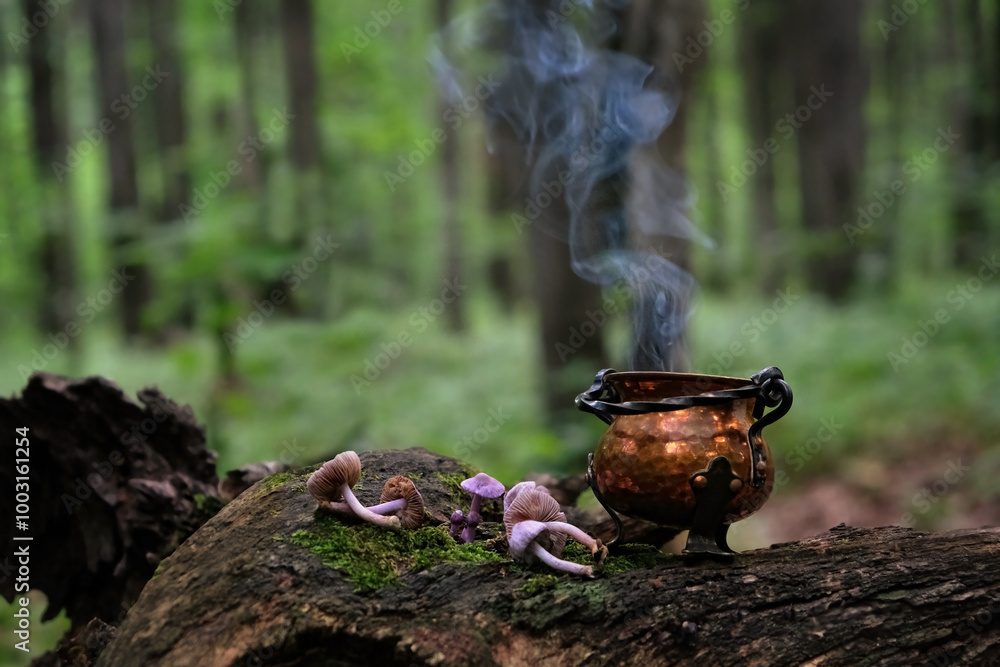 witch copper cauldron and mushrooms on stump in forest, natural background. Magic ritual, witchcraft, occult esoteric spiritual practice. autumn season. fairytale atmosphere. witch copper cauldron and mushrooms on stump in forest, natural background. Magic ritual, witchcraft, occult esoteric spiritual practice. autumn season. fairytale atmosphere.