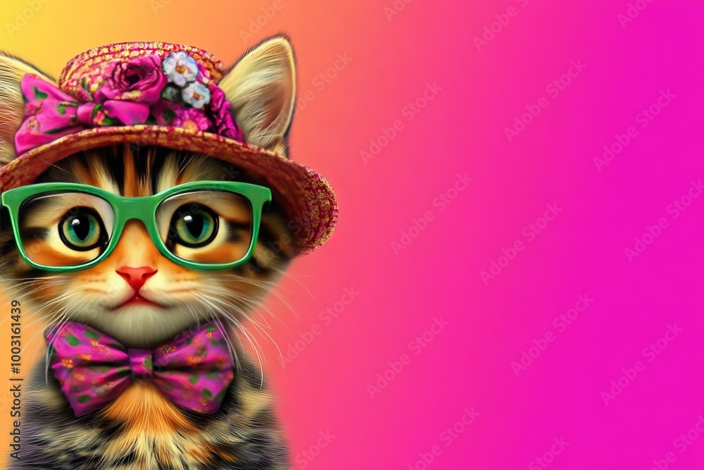 Obraz premium Portrait of a cute three-color cat with beautiful eyes with hat. Illustration World Pets Day. Dedicated to all domesticated animals. Cute domestic cat with glasses.
