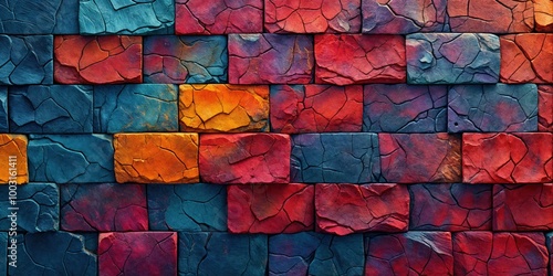 Brightly colored stone bricks with vivid red, blue, and yellow tones creating a bold abstract texture.