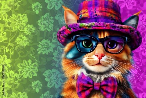 Portrait of a cute three-color cat with beautiful eyes with hat. Illustration World Pets Day. Dedicated to all domesticated animals. Cute domestic cat with glasses.