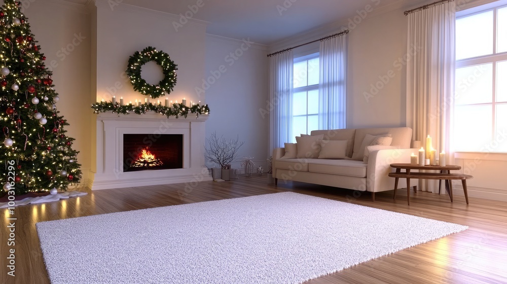 Fototapeta premium This inviting Christmas living room showcases a white sofa, a beautifully decorated tree, and a wooden table adorned with gift boxes and candles, creating a festive atmosphere