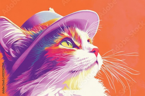 Portrait of a cute three-color cat with beautiful eyes with hat. Illustration World Pets Day. Dedicated to all domesticated animals. photo