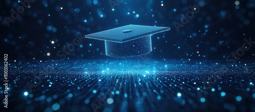 Abstract digital art of an open graduation cap made from glowing lines and dots, floating above a network grid on a dark blue background, power to shape your future through education Generative AI