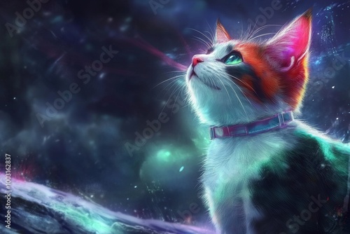 Potrait of a cute three-color cat with beatiful eyes. Illustration World Pets Day. Dedicated to all domesticated animals.