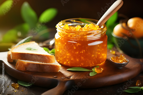 Glass jar of organic mango jam on a wooden board