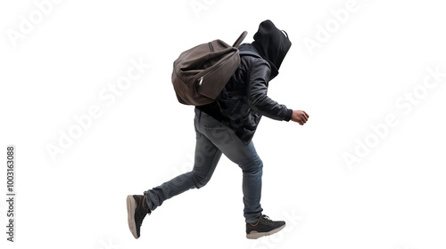 Thief carrying a bag and running away isolated on transparent and white background, cut out png