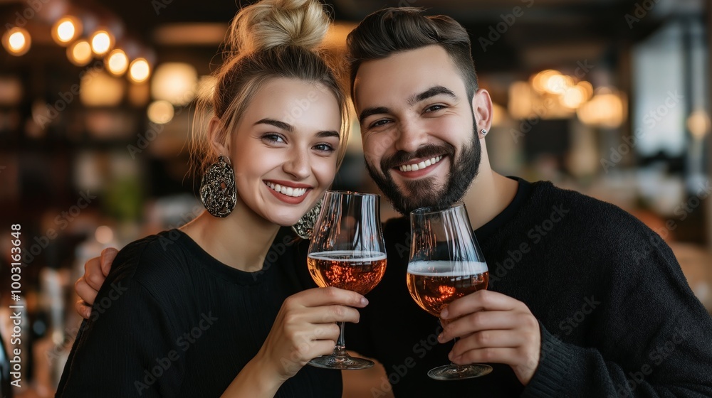 Smiling couple enjoying drinks in a vibrant, joyful atmosphere. Modern romance, millennial love, lifestyle photography, happiness, authentic connection Smiling couple enjoying drinks in a vibrant, joyful atmosphere. Modern romance, millennial love, lifestyle photography, happiness, authentic connection