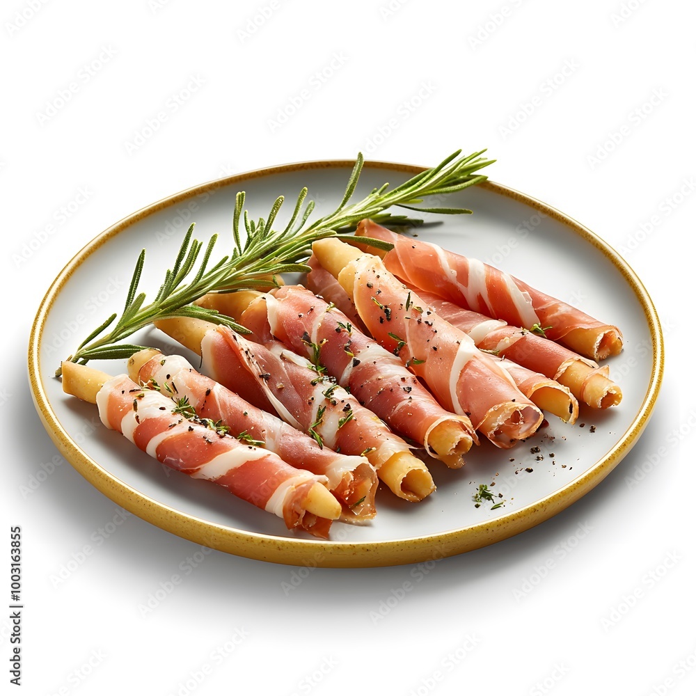 Gourmet appetizer: grissini wrapped in prosciutto with fresh rosemary and herbs Gourmet appetizer: grissini wrapped in prosciutto with fresh rosemary and herbs