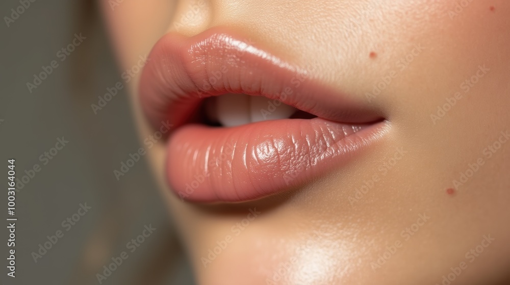 Fototapeta premium Close-up of natural lips with soft hydration and nude lip color. Lip care, natural beauty, skincare, cosmetics trends, minimalism, healthy glow concept