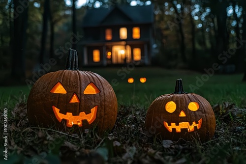 Nighttime illumination of Jack-O-Lanterns in front of a haunted house